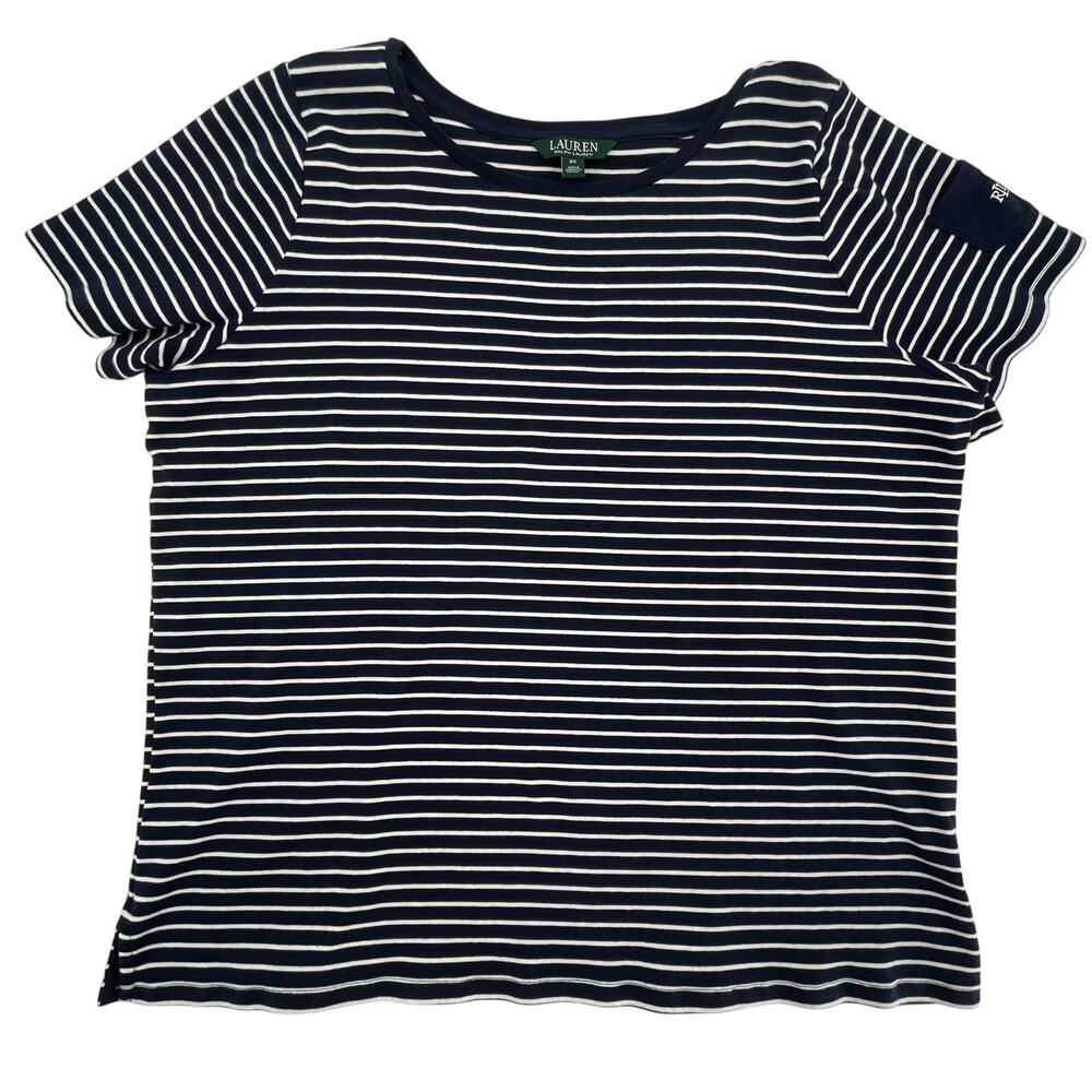 Lauren Ralph Lauren Women's Short Sleeve‎ Top, Blue & White Stripes, Sz. 3X